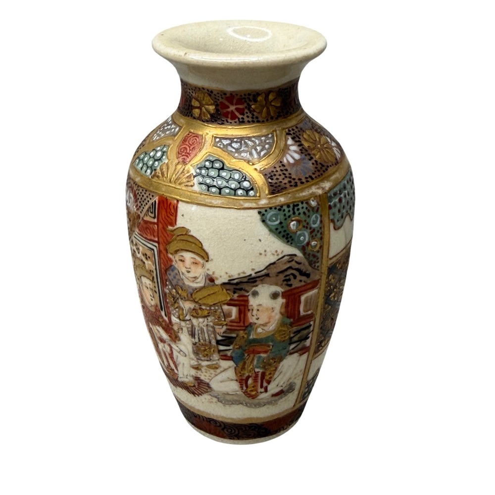 Antique Japanese Satsuma Miniature Bud Vase Moriage Gold Gilt Hand Painted 3.75"